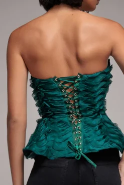 Peplum 3D Textured Boob Tube Lace Up Corset - Emerald Green by Goddiva