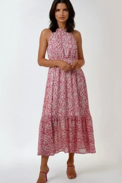 Pink Abstract Print Halterneck Maxi Dress by Aftershock London