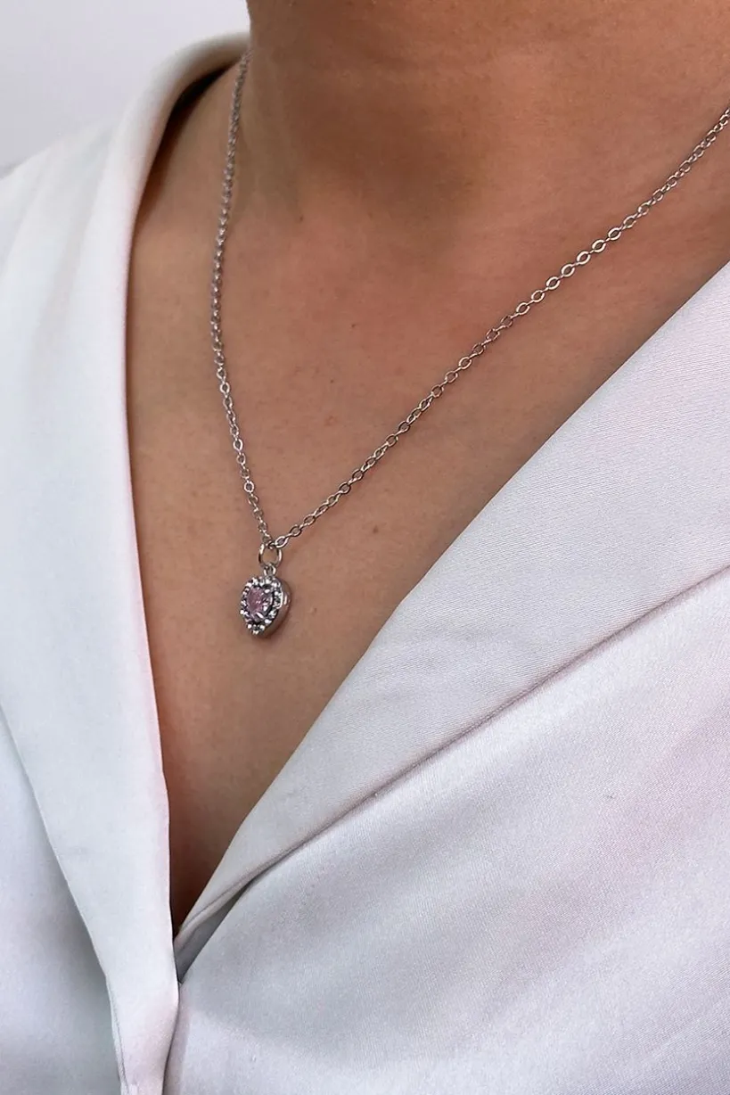 Pink Crystal Heart Pendant Necklace In Silver - Gift Boxed by SVNX