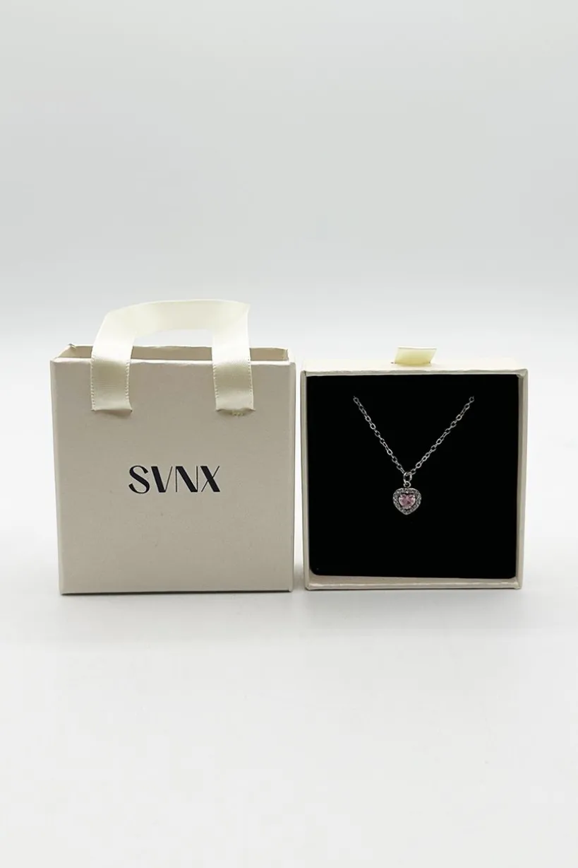 Pink Crystal Heart Pendant Necklace In Silver - Gift Boxed by SVNX
