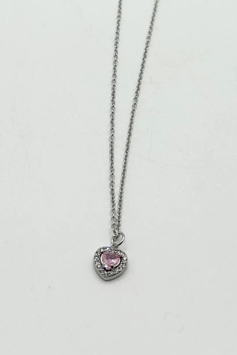 Pink Crystal Heart Pendant Necklace In Silver - Gift Boxed by SVNX