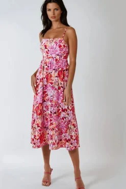 Pink Floral Cami Midi Dress With Cut Out Back by Aftershock London