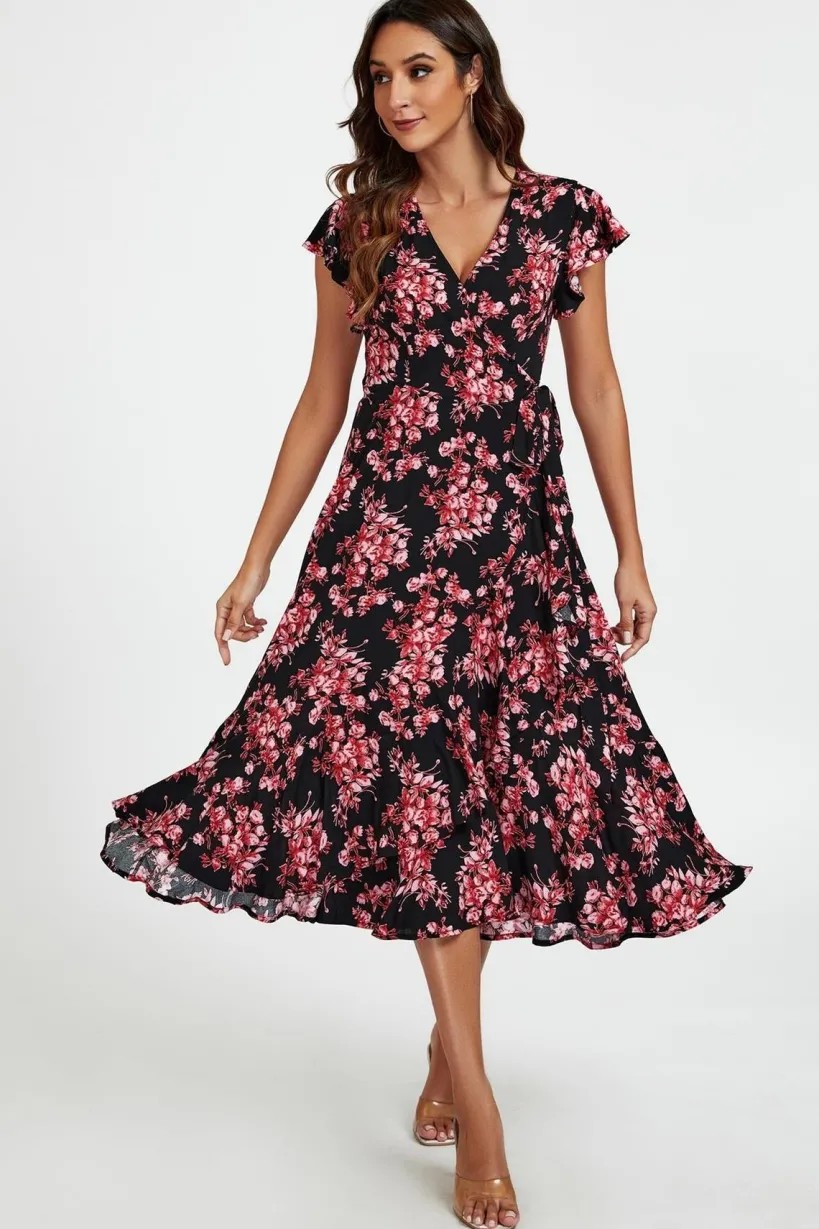 Pink Floral Frill Sleeve Midi Wrap Dress In Black by FS Collection