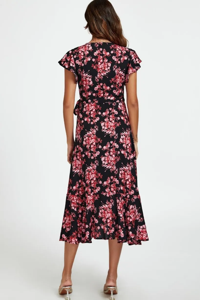 Pink Floral Frill Sleeve Midi Wrap Dress In Black by FS Collection