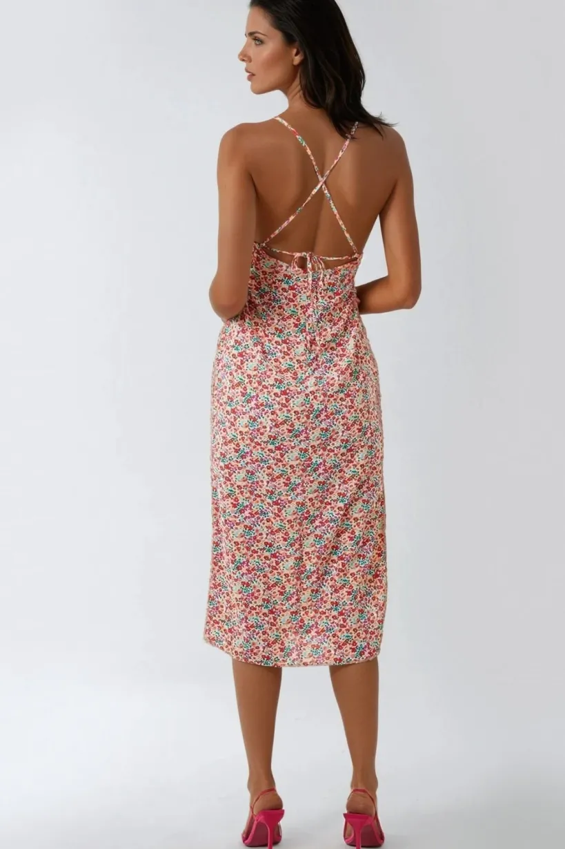 Pink Floral Strappy Midi Dress With Ties by Aftershock London