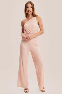 Pink Sequin Jersey One Shoulder Jumpsuit by Liquorish