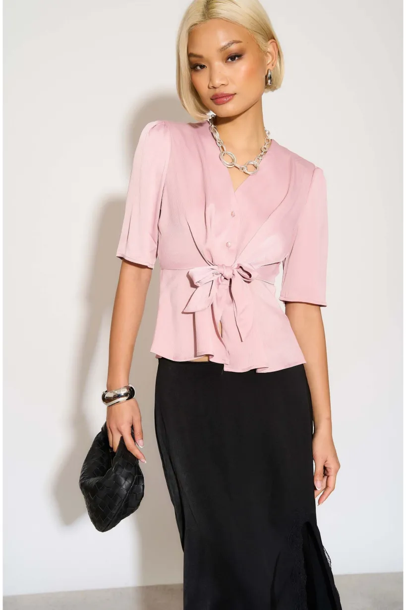 Pink Short Sleeve Knotted Crepe Satin Top by LOVE SUNSHINE