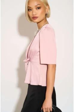 Pink Short Sleeve Knotted Crepe Satin Top by LOVE SUNSHINE
