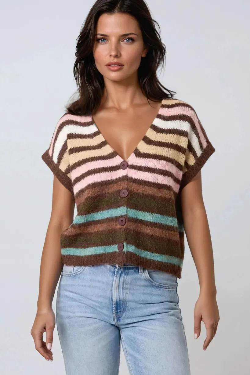 Pink Striped Knitted Vest Cardigan by Aftershock London
