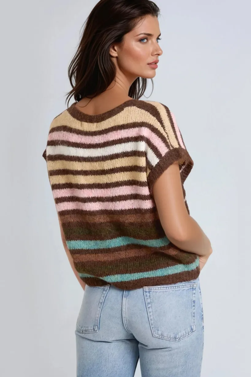 Pink Striped Knitted Vest Cardigan by Aftershock London