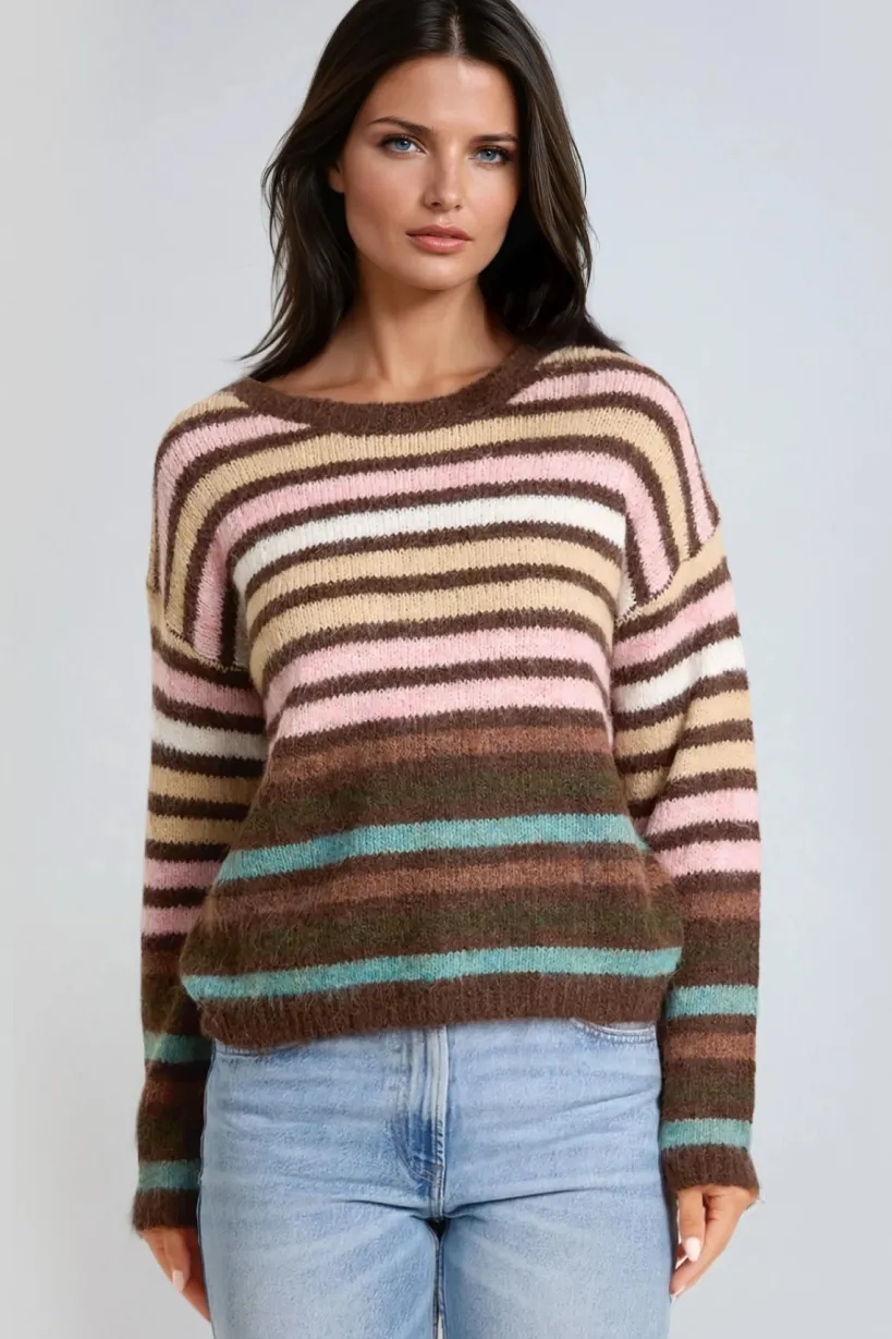 Pink Wool Blend Striped Knitted Jumper by Aftershock London