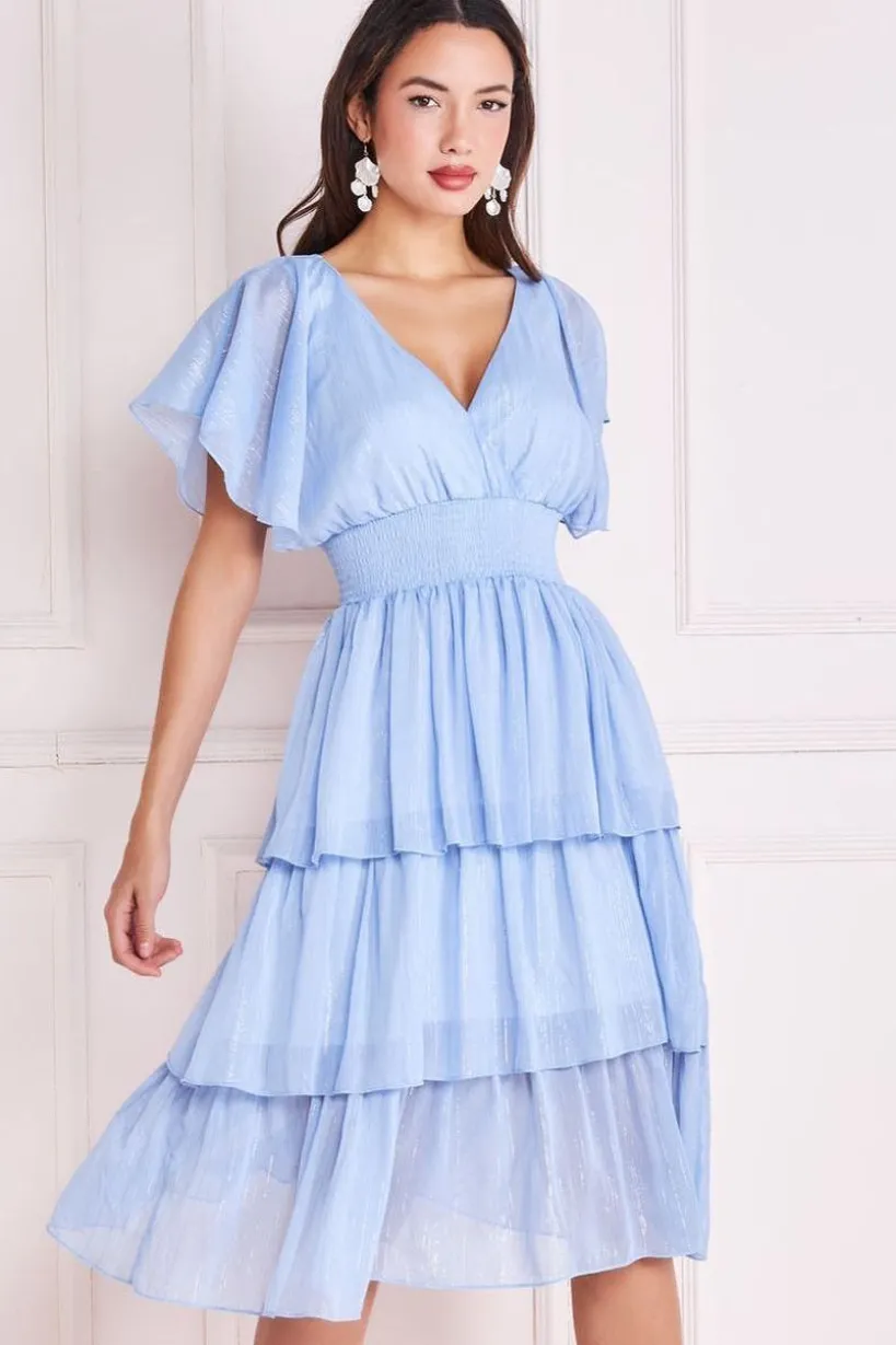 Plain Lurex Chiffon Tiered Dress - Light Blue by Goddiva