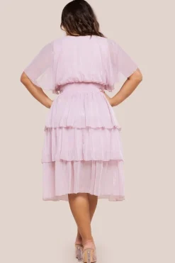 Plain Lurex Chiffon Tiered Midi Dress - Blush Pink by Goddiva Plus