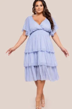 Plain Lurex Chiffon Tiered Midi Dress - Light Blue by Goddiva Plus