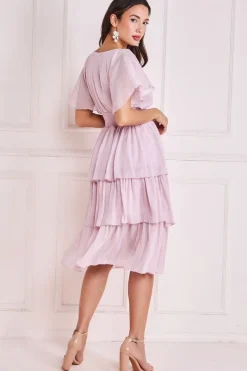 Plain Lurex Chiffon Tiered Dress - Pink by Goddiva