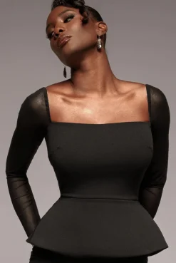 Plain Mesh Long Sleeve Scuba Crepe Peplum Top - Black by Goddiva