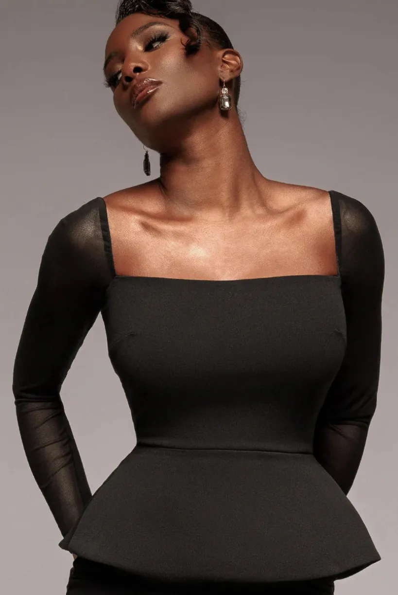 Plain Mesh Long Sleeve Scuba Crepe Peplum Top - Black by Goddiva