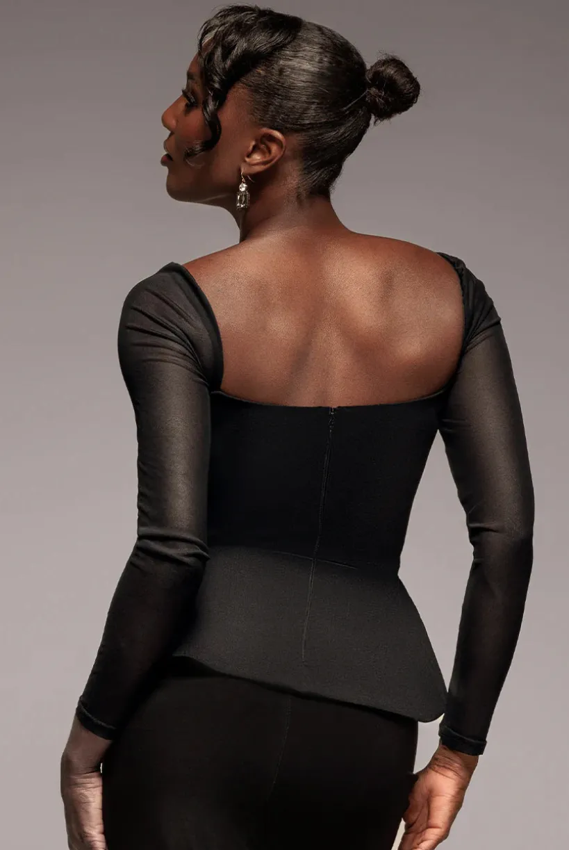 Plain Mesh Long Sleeve Scuba Crepe Peplum Top - Black by Goddiva