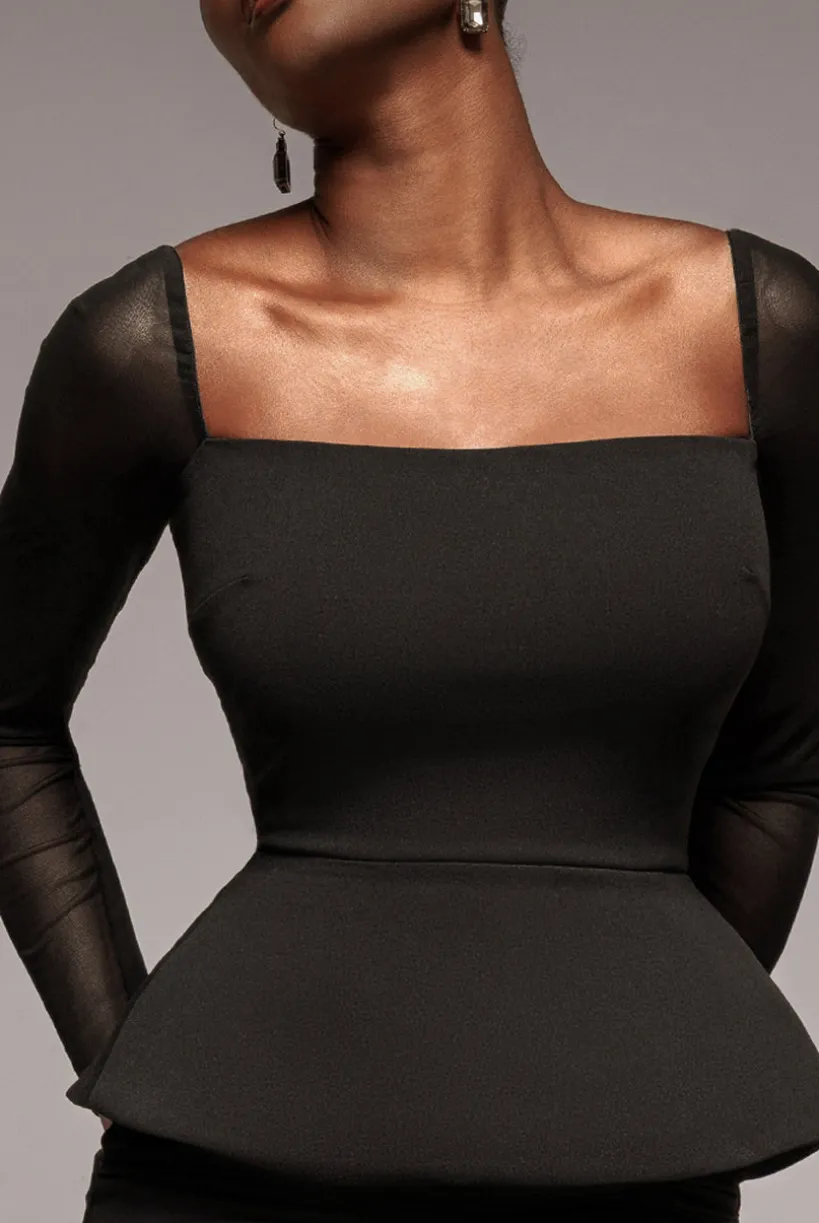 Plain Mesh Long Sleeve Scuba Crepe Peplum Top - Black by Goddiva