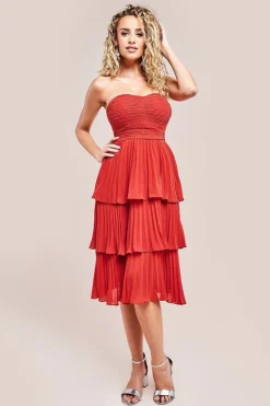 Pleated Bandeau Bodice Chiffon Tiered Midi - Orange by Goddiva