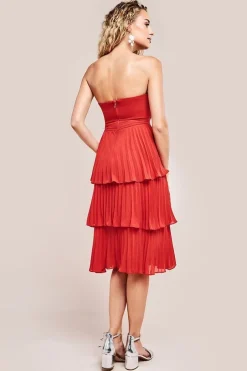 Pleated Bandeau Bodice Chiffon Tiered Midi - Orange by Goddiva