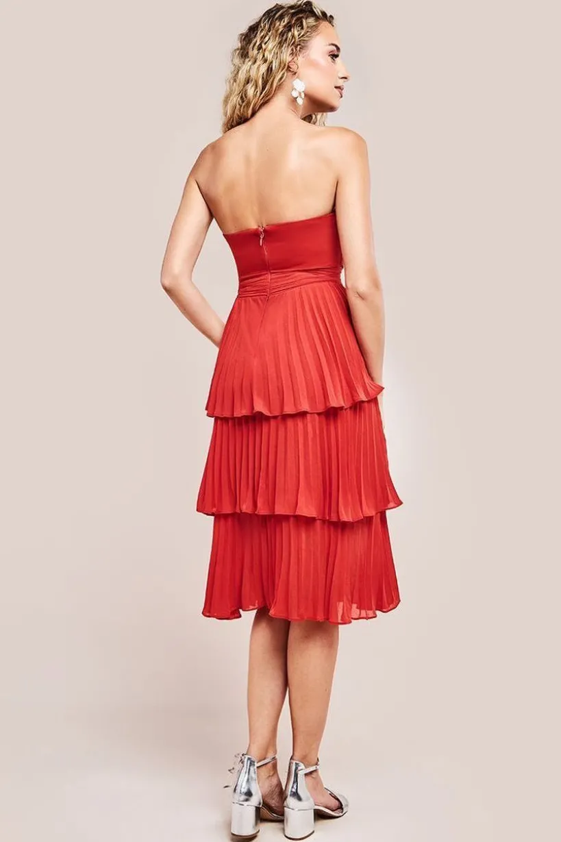 Pleated Bandeau Bodice Chiffon Tiered Midi - Orange by Goddiva