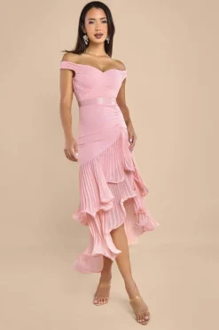 Pleated Bardot High Low Tier Chiffon Midaxi Dress - Blush Pink by Goddiva