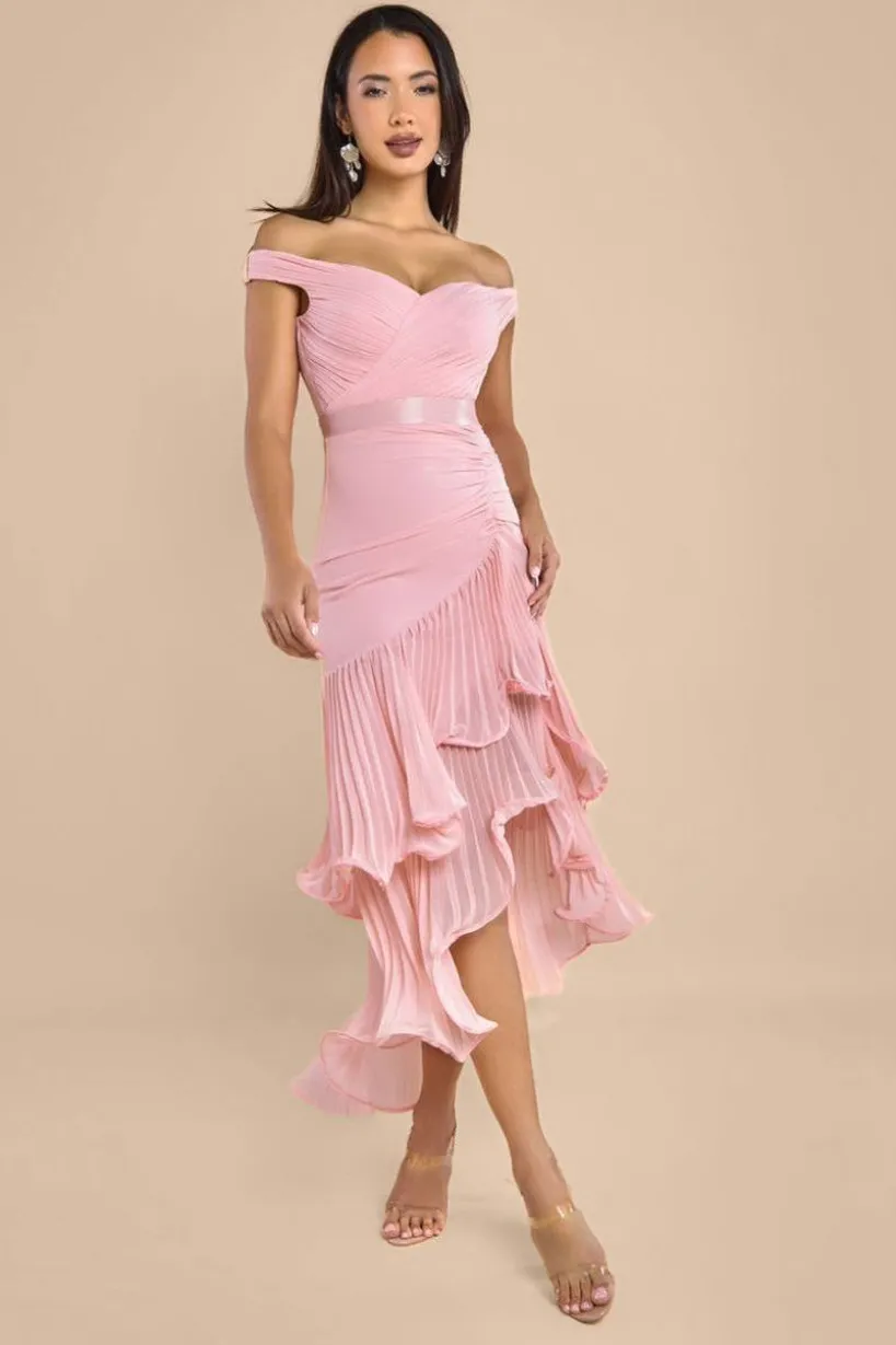 Pleated Bardot High Low Tier Chiffon Midaxi Dress - Blush Pink by Goddiva