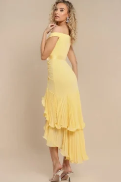 Pleated Bardot High Low Tier Chiffon Midaxi Dress - Lemon by Goddiva