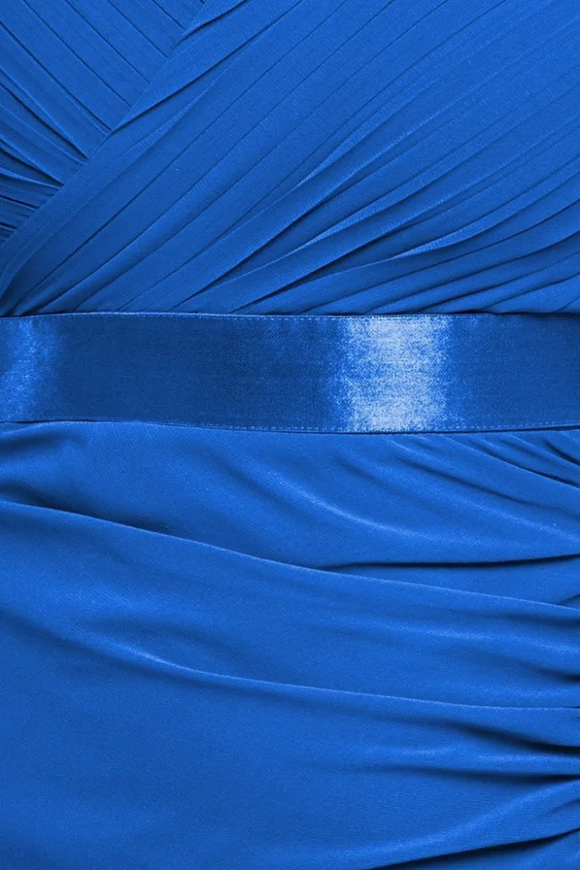 Pleated Bardot High Low Tier Chiffon Midaxi Dress - Royal Blue by Goddiva