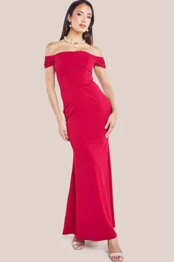 Pleated Bardot Scuba Maxi Dress - Wine by Goddiva