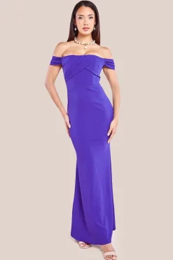 Pleated Bardot Scuba Maxi Dress - Purple by Goddiva