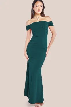 Pleated Bardot Scuba Maxi Dress - Emerald Green by Goddiva