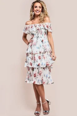 Pleated Bodice Chiffon Tiered Midi Dress - Cream by Goddiva