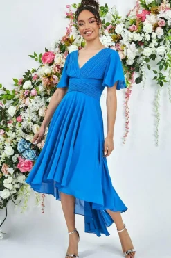 Pleated Chiffon High Low Midi Dress - Atlantic Blue by Goddiva
