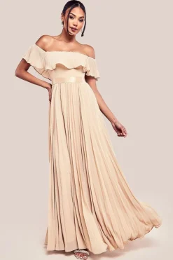 Pleated Chiffon Off Shoulder Maxi Dress - Beige by Goddiva