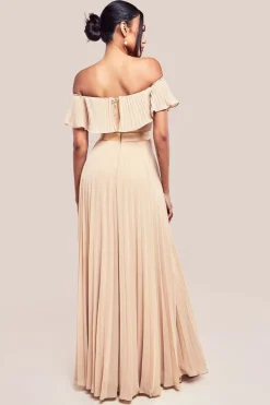 Pleated Chiffon Off Shoulder Maxi Dress - Beige by Goddiva