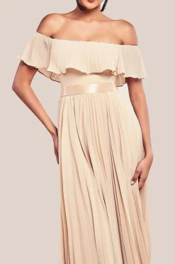 Pleated Chiffon Off Shoulder Maxi Dress - Beige by Goddiva