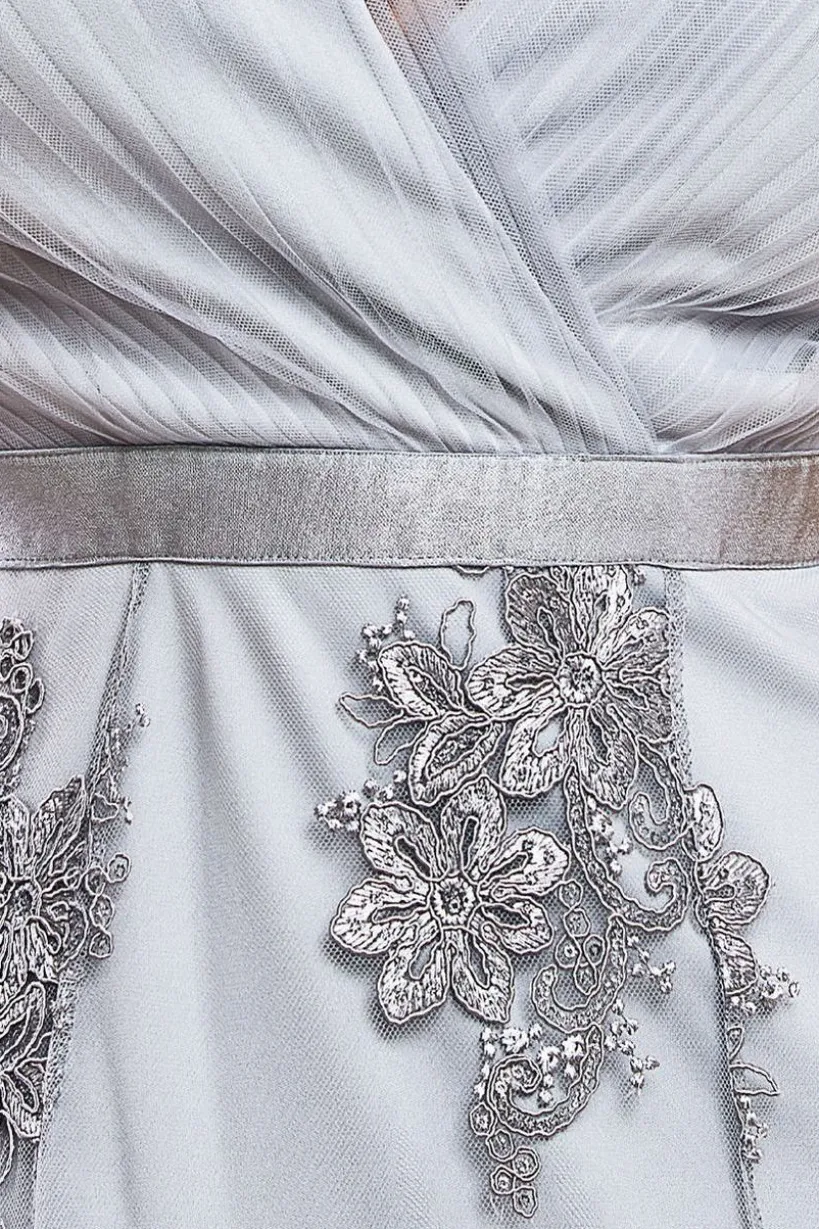 Pleated Satin Bodice High And Low Dress - Grey by Goddiva