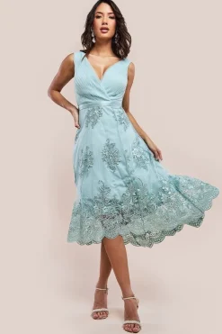Pleated Satin Bodice High And Low Dress - Sage Green by Goddiva