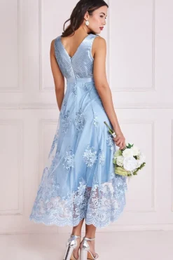 Pleated Satin V Neck High And Low Midi - Light Blue by Goddiva