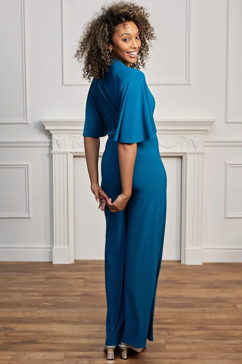 Plunge Angel Sleeve Jumpsuit With Tie Belt In Teal by Angeleye