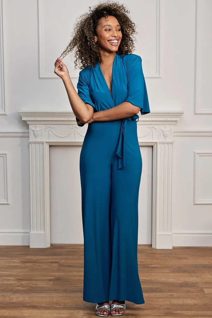 Plunge Angel Sleeve Jumpsuit With Tie Belt In Teal by Angeleye
