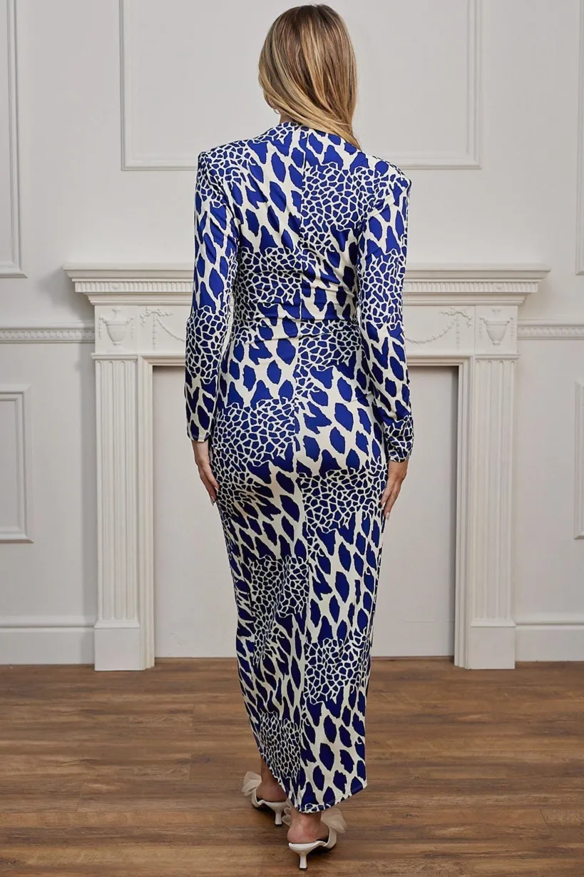 Plunge Neck Faux Wrap Print Midi Dress In Blue Leopard by Angeleye