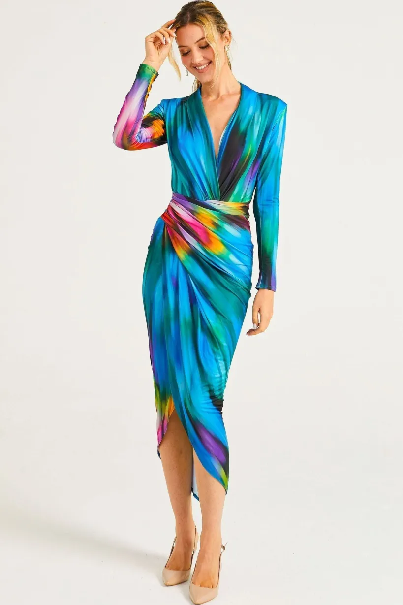 Plunge Neck Faux Wrap Print Midi Dress In Tie Dye by Angeleye