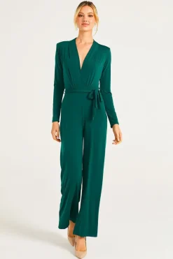 Plunge Neck Wide Leg Jumpsuit With Long Sleeves In Green by Angeleye