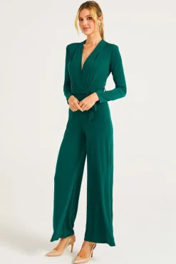 Plunge Neck Wide Leg Jumpsuit With Long Sleeves In Green by Angeleye