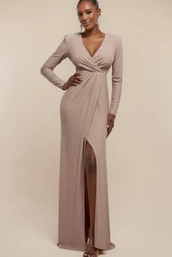 Plunge Neck Wrap Front Split Lurex Maxi Dress - Nude by Goddiva