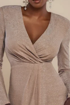 Plunge Neck Wrap Front Split Lurex Maxi Dress - Nude by Goddiva