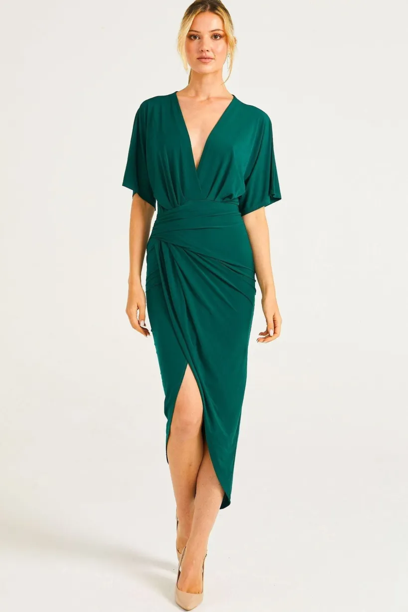 Plunge Neck Wrap Style Midi Dress With Flutter Sleeve by Angeleye